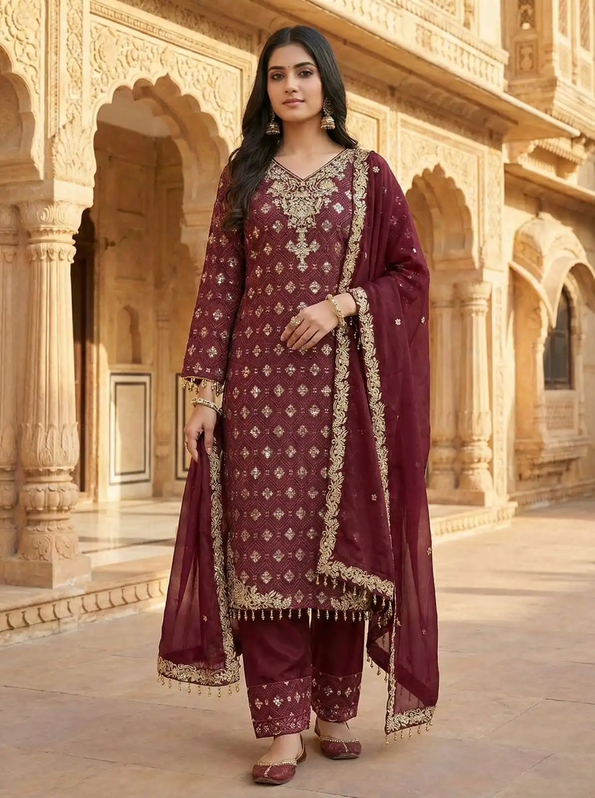 Maroon Pure Organza Silk Sequence Work Salwar Suit - Image 2