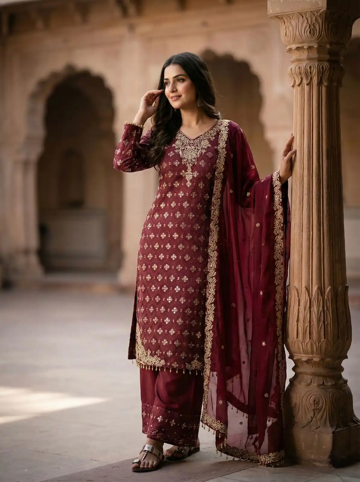 Maroon Pure Organza Silk Sequence Work Salwar Suit - Image 7