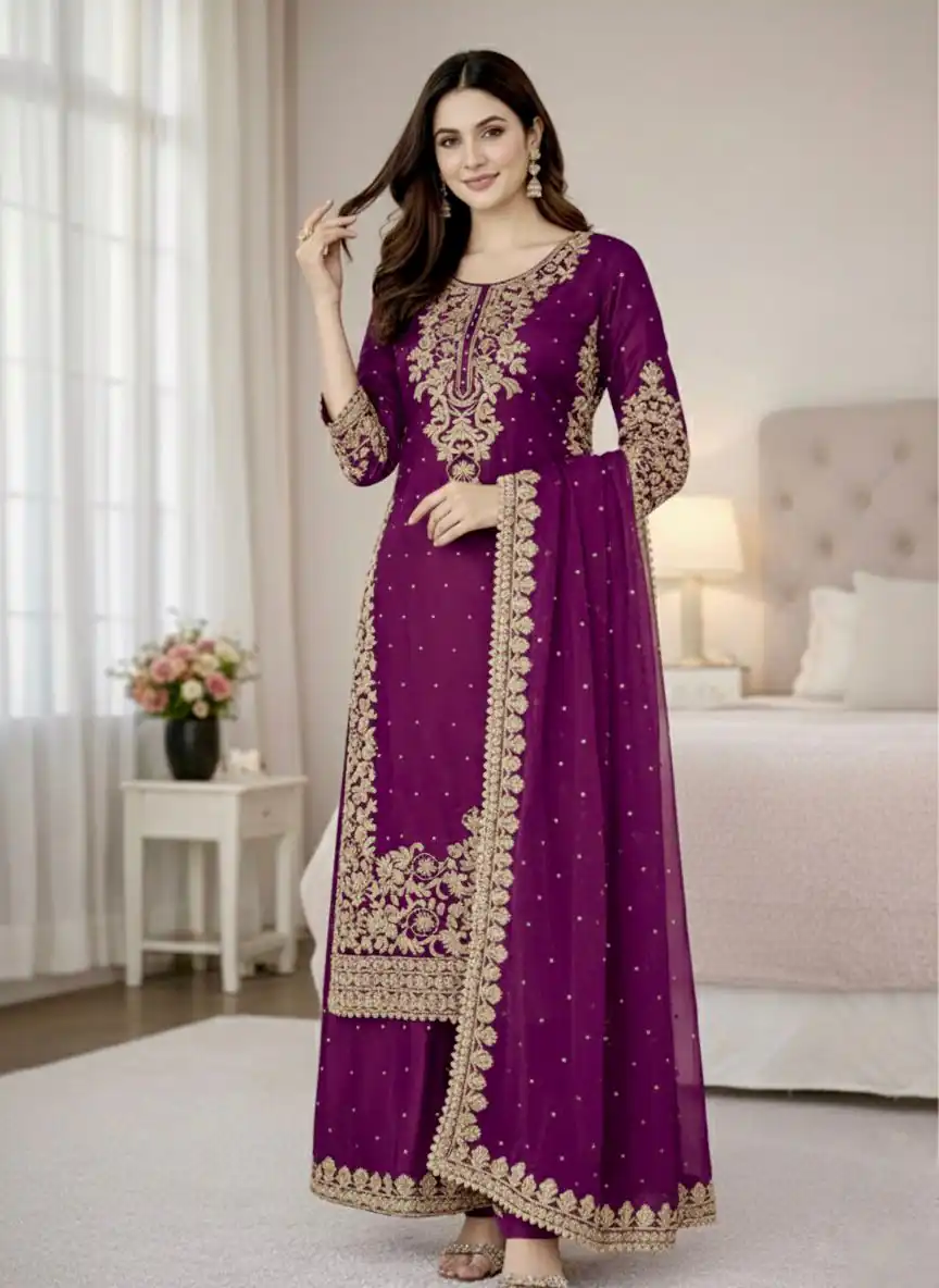 Wine Organza Silk Embroidery Work Salwar Suit - Image 6