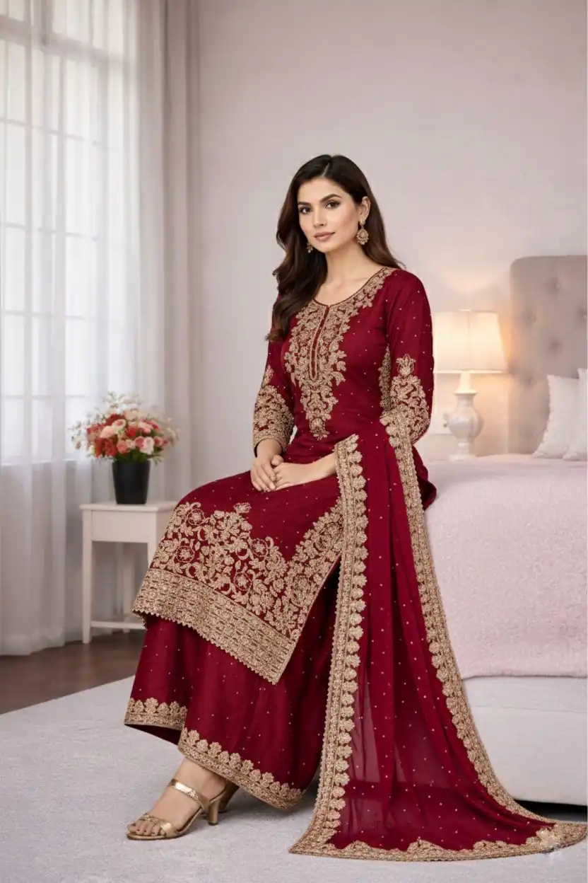 Maroon Organza Silk Embroidery Work Salwar Suit - Image 6