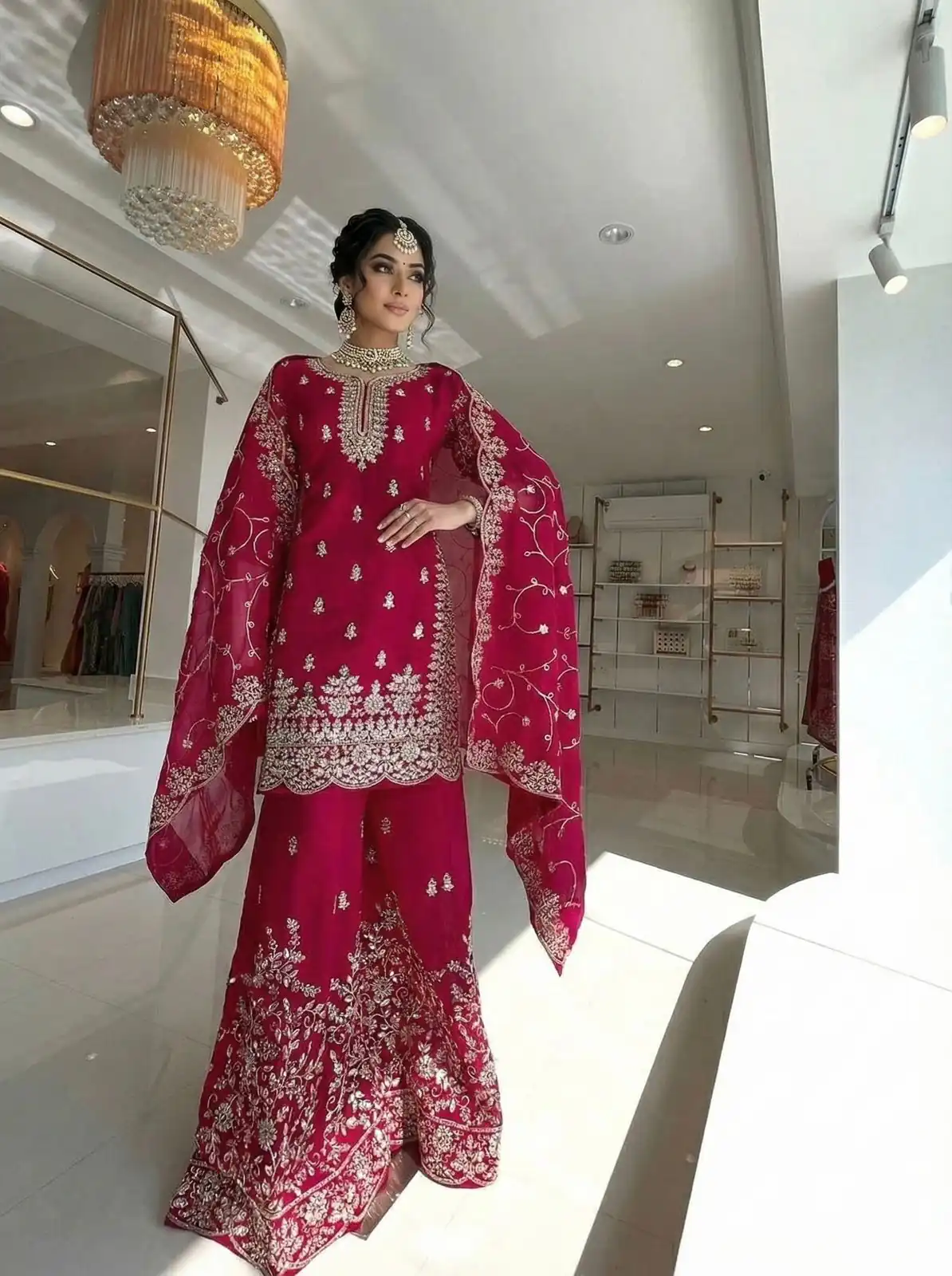 Red Organza Silk Embroidery Lace Work Salwar Suit