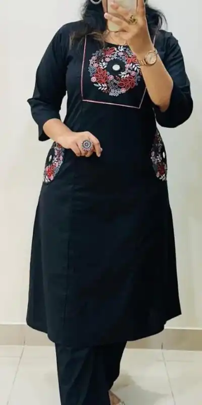 Black Soft Cotton Slub Embroidery Work Kurti