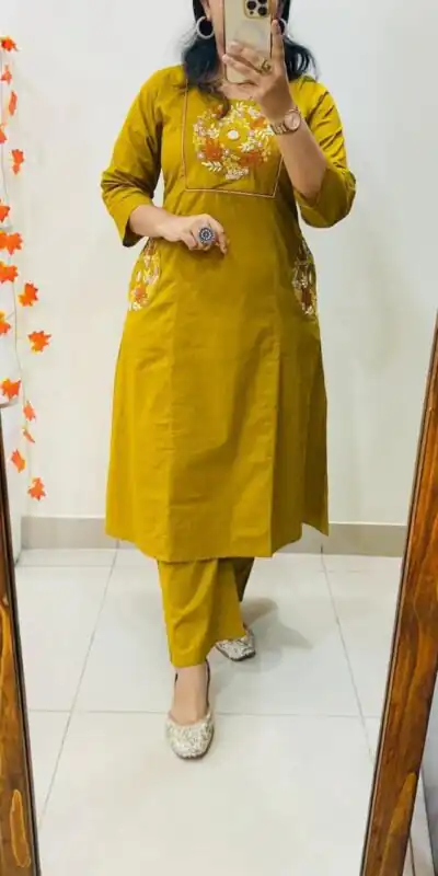 Mustered Soft Cotton Slub Embroidery Work Kurti