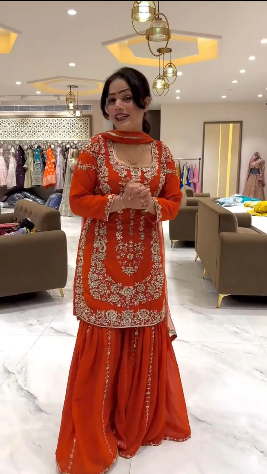 Rust Faux Georgette Lace Work Salwar Suit - Image 2