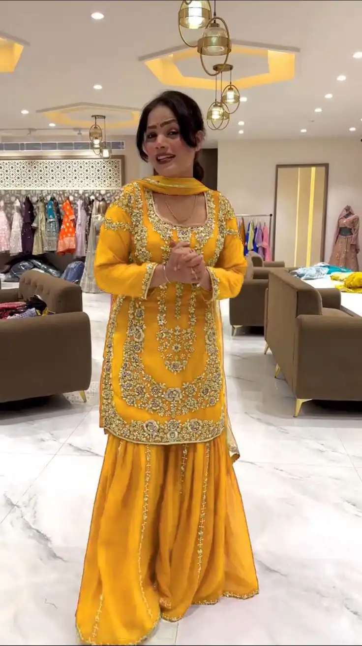 Yellow Faux Georgette Lace Work Salwar Suit - Image 2