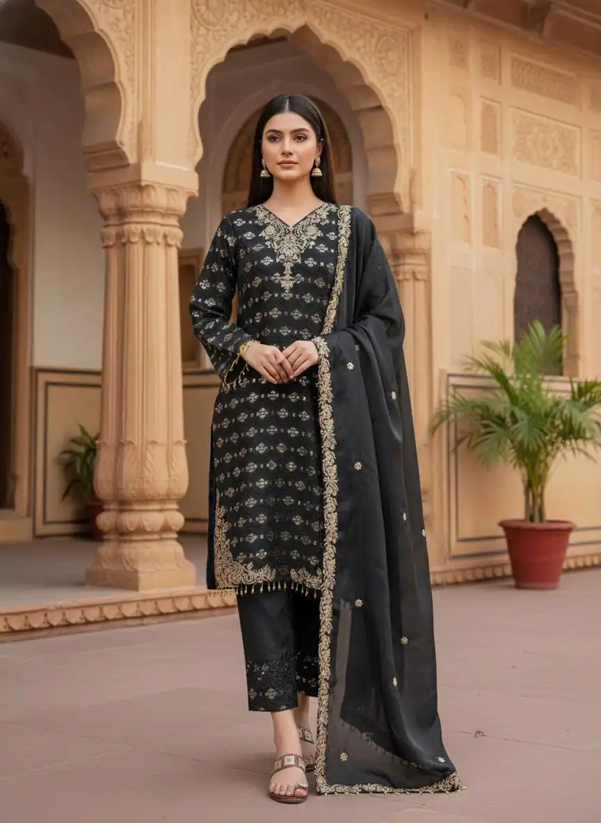Black Pure Organza Silk Sequence Work Salwar Suit