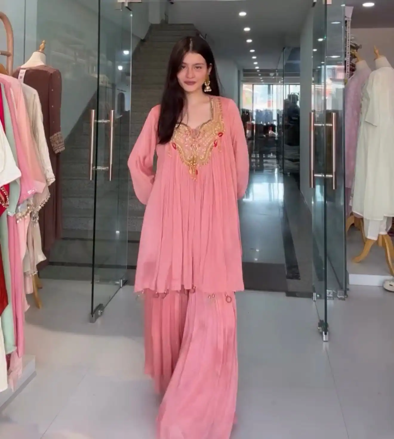 Peach Chinon Embroidery Lace Work Salwar Suit - Image 2