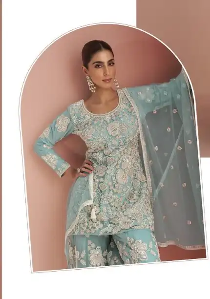 Sky Blue Heavy Net Sequence Work Salwar Suit - Image 3