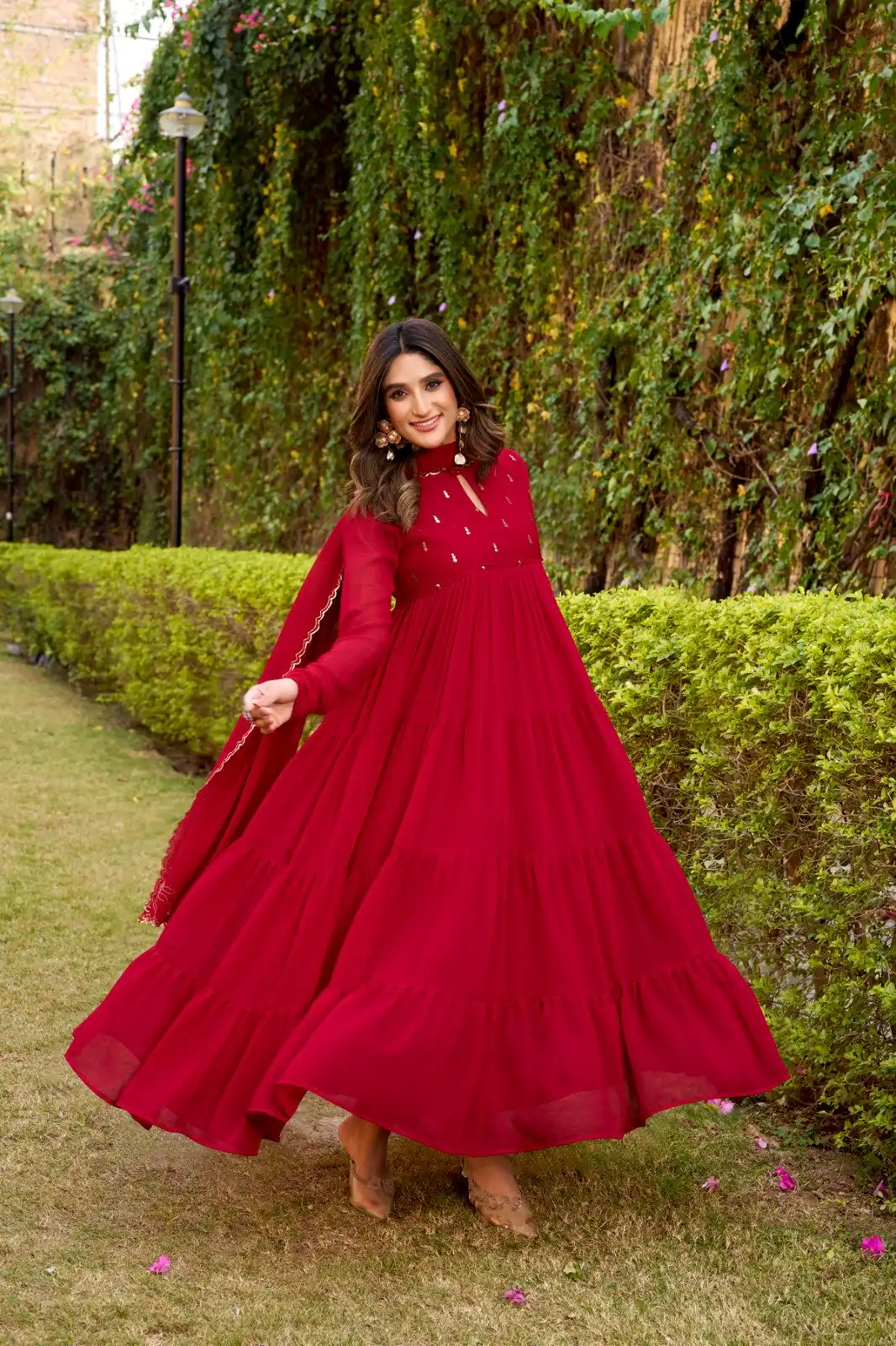 Red Marbel Foil Work Salwar Suit