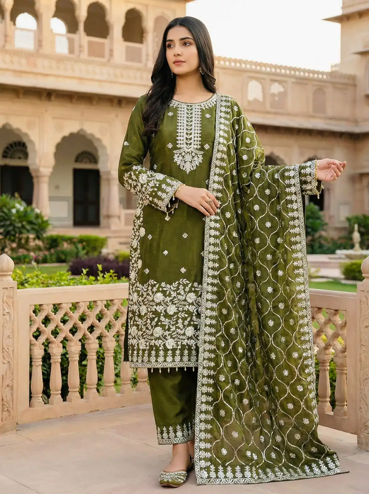 Mahendi Organza Silk Embroidery Lace Work Salwar Suit - Image 3
