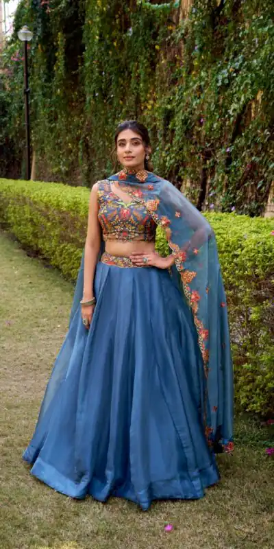 Teal Chanda Silk Sequins Work Lehenga Choli
