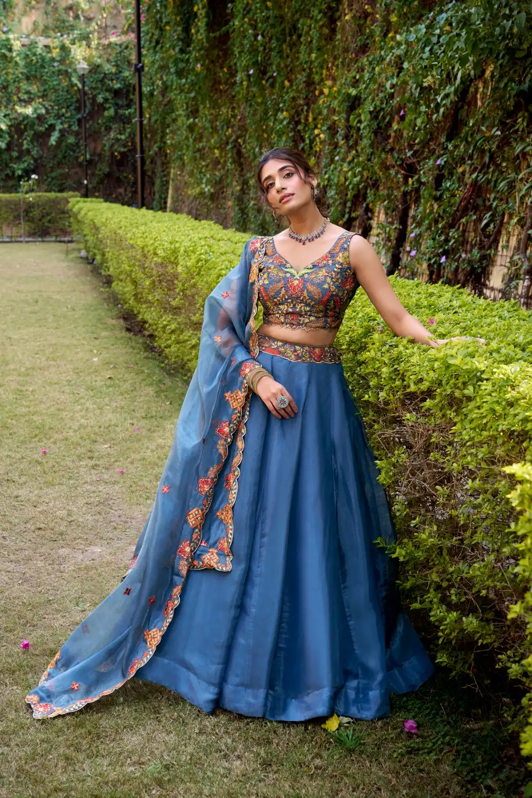 Teal Chanda Silk Sequins Work Lehenga Choli - Image 2
