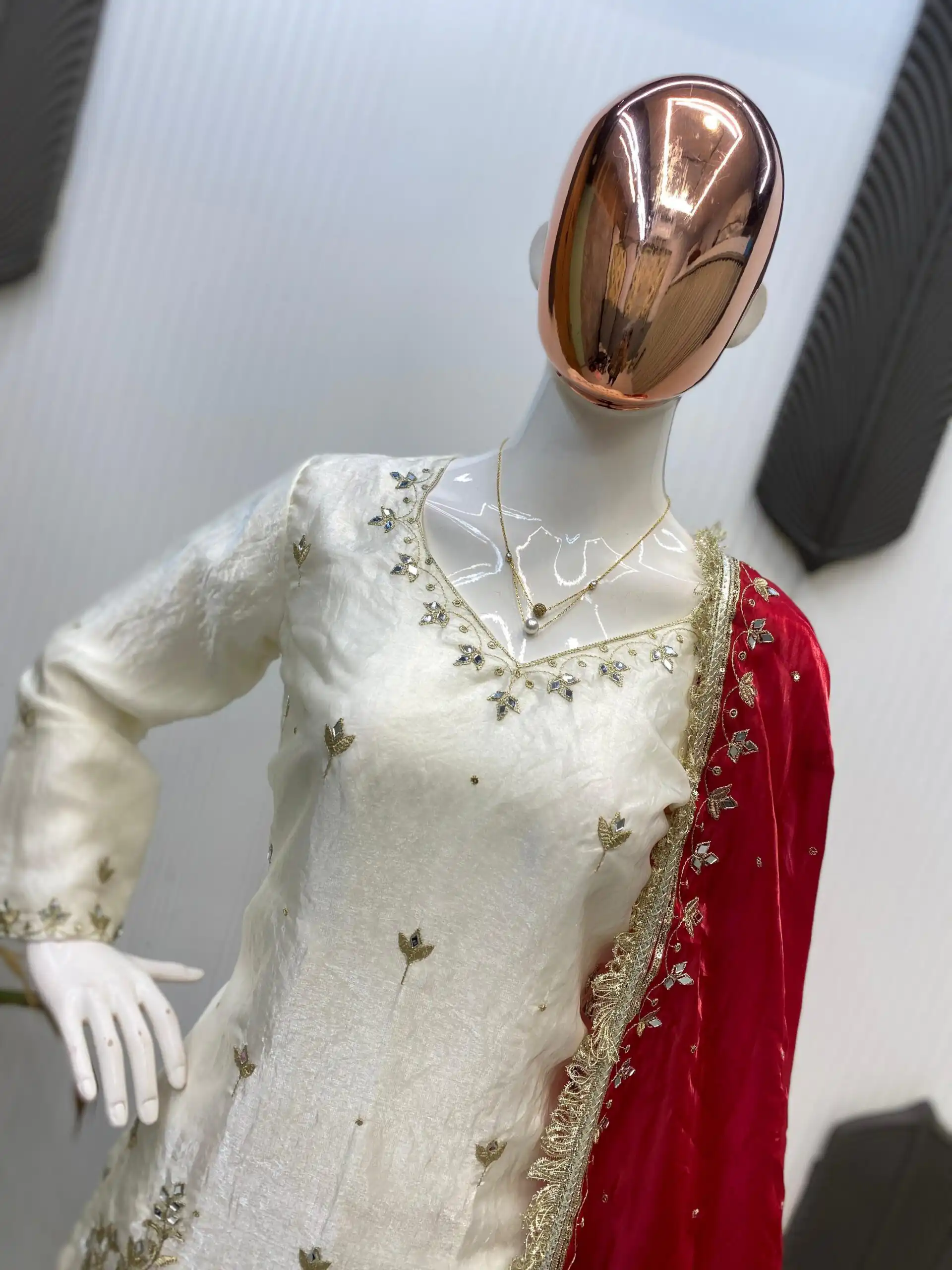 Off White Fandy Mirror Embroidery Work Salwar Suit - Image 2