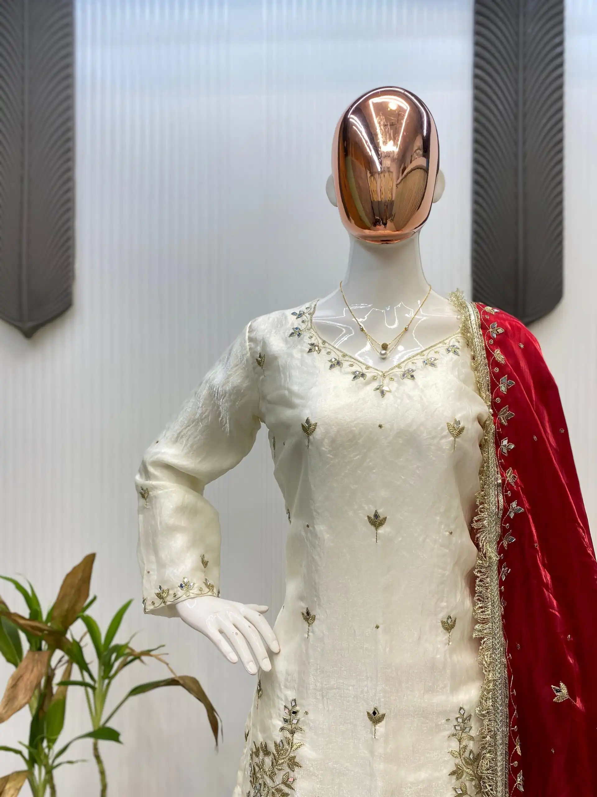 Off White Fandy Mirror Embroidery Work Salwar Suit - Image 3