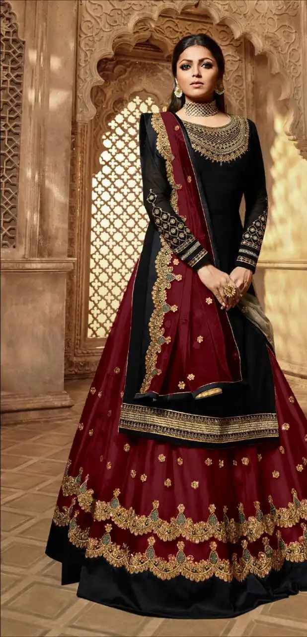 Maroon Satin Georgette Stone Work Salwar Suit