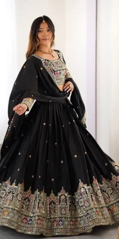 MF TAJ 1003 Black in Color Chinon Silk Embroidery Work Lehenga Choli . Get it for ₹1949. Delivery 4-6 Working Days. Shop now. | Lehenga, Bollywood Lehenga, Creative Lehenga, Designer Lehenga, Embroidered Lehenga, Party Wear Lehenga
