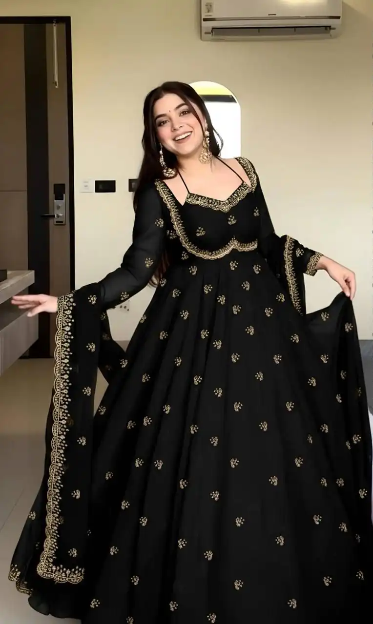 MF 1003 Black Georgette Gown. Perfect for Wedding, Party, Pongal, Bridal Wear, Anniversary – Affordable Price ₹1799. Delivery 4-6 Working Days. Shop now. | Gowns, Bollywood Gowns, Creative Gowns, Designer Gowns, Embroidered Gowns, Party Wear Gowns
