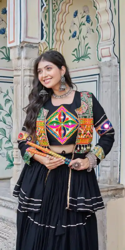 Ram 120 Black in Pure Cotton Mirror Work & Gamthi Work Lehenga Choli . Exclusive Offer ₹3049. Delivery 4-6 Working Days. Shop now. | Lehenga, Bollywood Lehenga, Creative Lehenga, Designer Lehenga, Embroidered Lehenga, Party Wear Lehenga