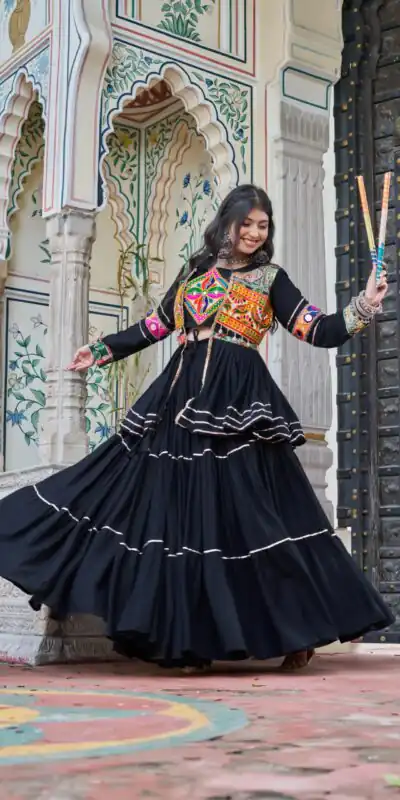 Ram 120 Black in Pure Cotton Mirror Work & Gamthi Work Lehenga Choli . Exclusive Offer ₹3049. Delivery 4-6 Working Days. Shop now. | Lehenga, Bollywood Lehenga, Creative Lehenga, Designer Lehenga, Embroidered Lehenga, Party Wear Lehenga