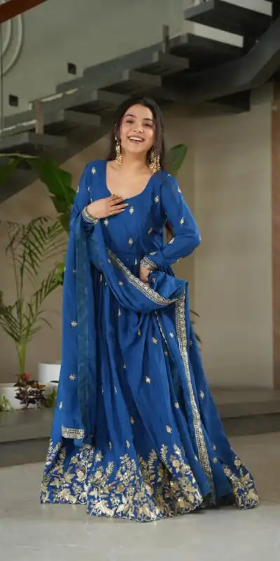 KA 1166 Blue Color Chinnon Gown with Zari Work & Embroidery Work. Available at ₹2099 only. Delivery 4-6 Working Days. Shop now. | Gowns, Bollywood Gowns, Creative Gowns, Designer Gowns, Embroidered Gowns, Party Wear Gowns
