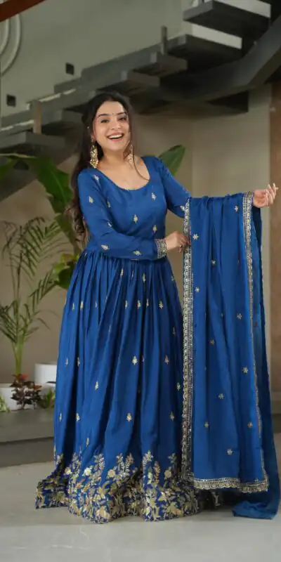 KA 1166 Blue Color Chinnon Gown with Zari Work & Embroidery Work. Available at ₹2099 only. Delivery 4-6 Working Days. Shop now. | Gowns, Bollywood Gowns, Creative Gowns, Designer Gowns, Embroidered Gowns, Party Wear Gowns