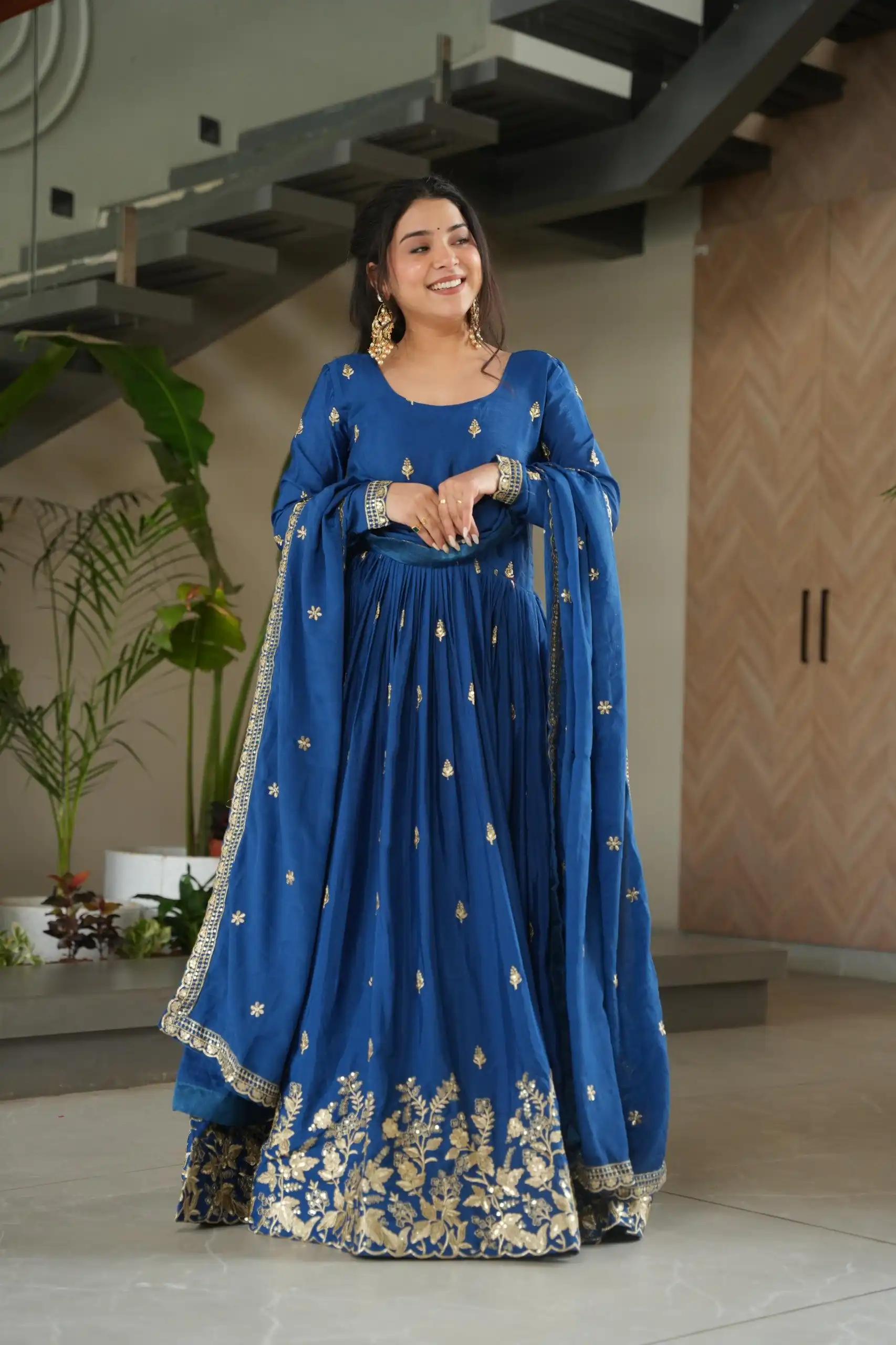KA 1166 Blue Color Chinnon Gown with Zari Work & Embroidery Work. Available at ₹2099 only. Delivery 4-6 Working Days. Shop now. | Gowns, Bollywood Gowns, Creative Gowns, Designer Gowns, Embroidered Gowns, Party Wear Gowns