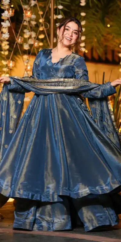 VLM 311 Blue Cosmos Silk Gown. Perfect for Wedding, Party, Baby Shower, Reception, Haldi – Now at just ₹2399. Delivery 4-6 Working Days. Shop now. | Gowns, Bollywood Gowns, Creative Gowns, Designer Gowns, Embroidered Gowns, Party Wear Gowns