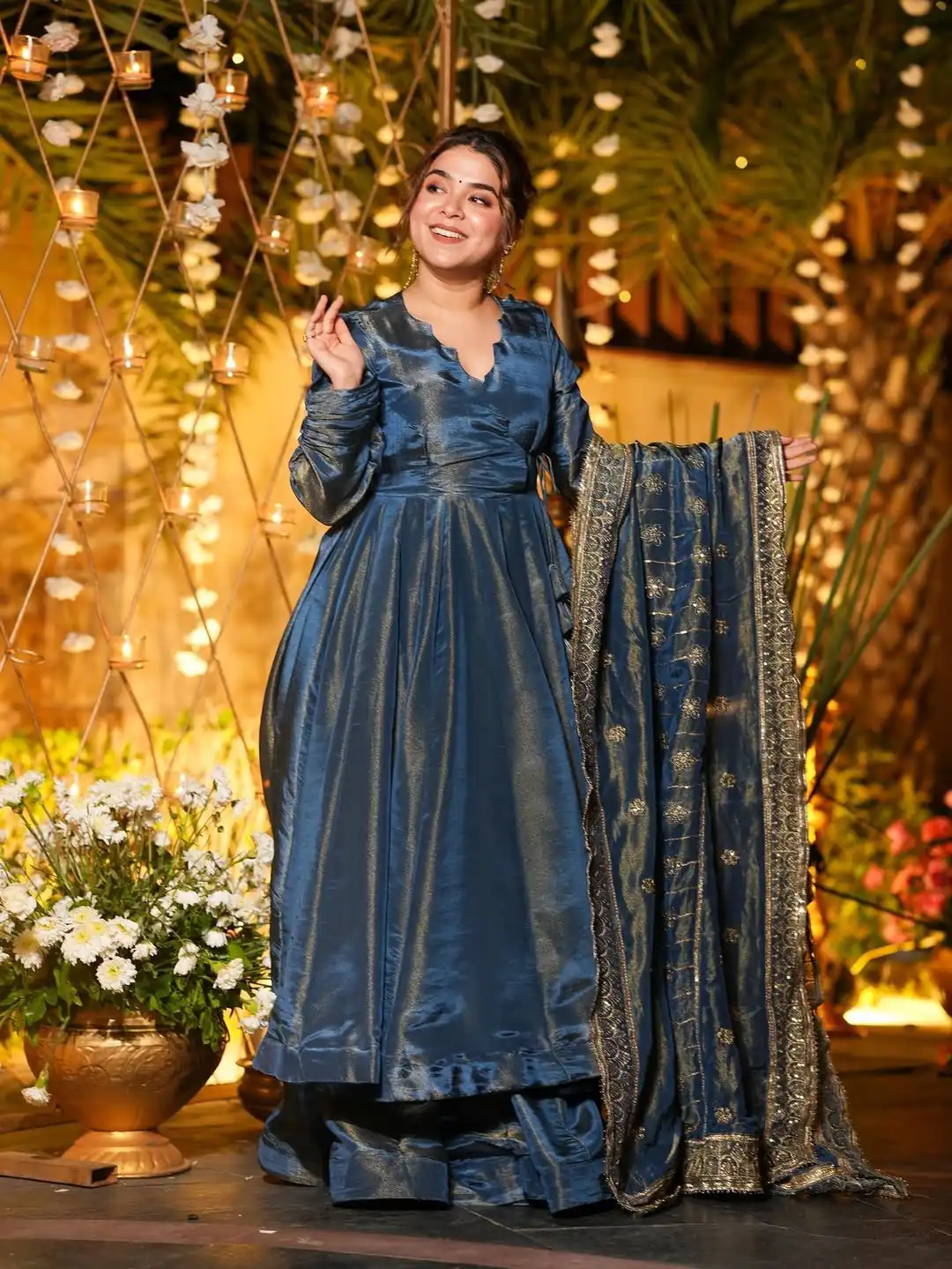 VLM 311 Blue Cosmos Silk Gown. Perfect for Wedding, Party, Baby Shower, Reception, Haldi – Now at just ₹2399. Delivery 4-6 Working Days. Shop now. | Gowns, Bollywood Gowns, Creative Gowns, Designer Gowns, Embroidered Gowns, Party Wear Gowns