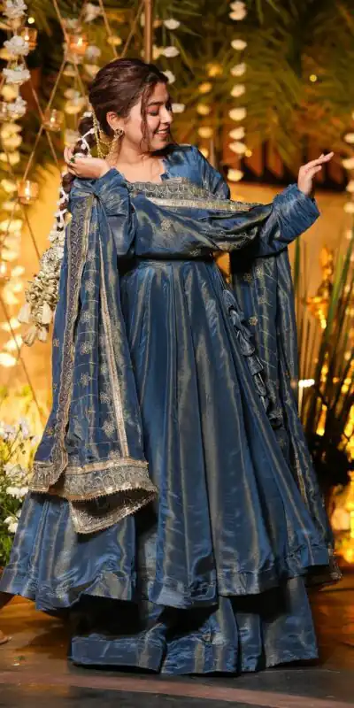 VLM 311 Blue Cosmos Silk Gown. Perfect for Wedding, Party, Baby Shower, Reception, Haldi – Now at just ₹2399. Delivery 4-6 Working Days. Shop now. | Gowns, Bollywood Gowns, Creative Gowns, Designer Gowns, Embroidered Gowns, Party Wear Gowns