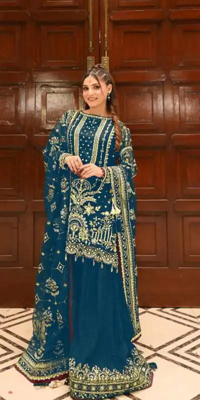 AD 213 Blue Khajuri Crush Georgette Salwar Suit with Lace Work & Embroidery Work. Festive Deal ₹2649. Delivery 4-6 Working Days. Shop now. | Jump Suits, Tops & Bottoms, Track Suits, Trendy Wear, Salwar suit, Designer Suits, Casual Suits, Creative suits, Palazzo Suits, Party Wear Suits, Patiala Suits, Straight Suits