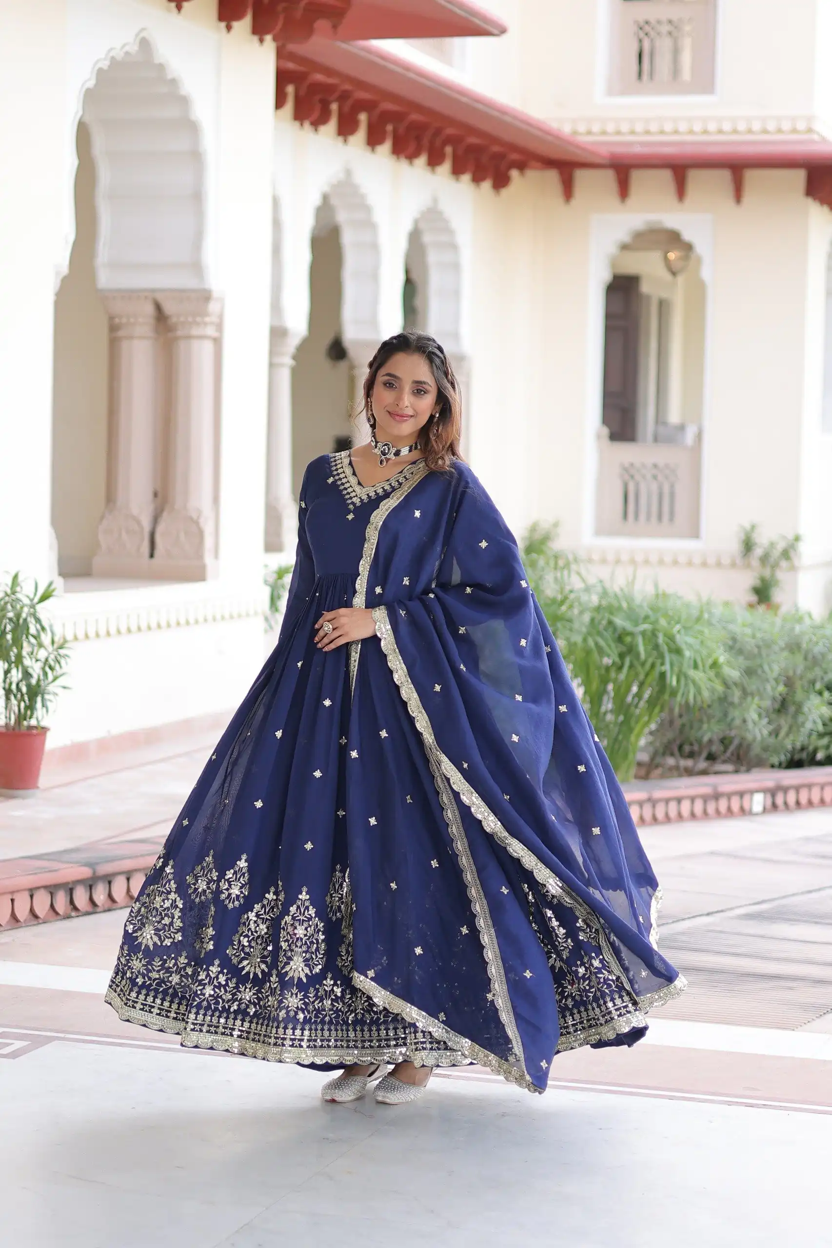 KA 1214 Blue Vichitra Silk Gown Perfect for Wedding, Party, Lohri, Onam, Festival Celebrations – . Grab it for ₹2449. Delivery 4-6 Working Days. | Gowns, Bollywood Gowns, Creative Gowns, Designer Gowns, Embroidered Gowns, Party Wear Gowns