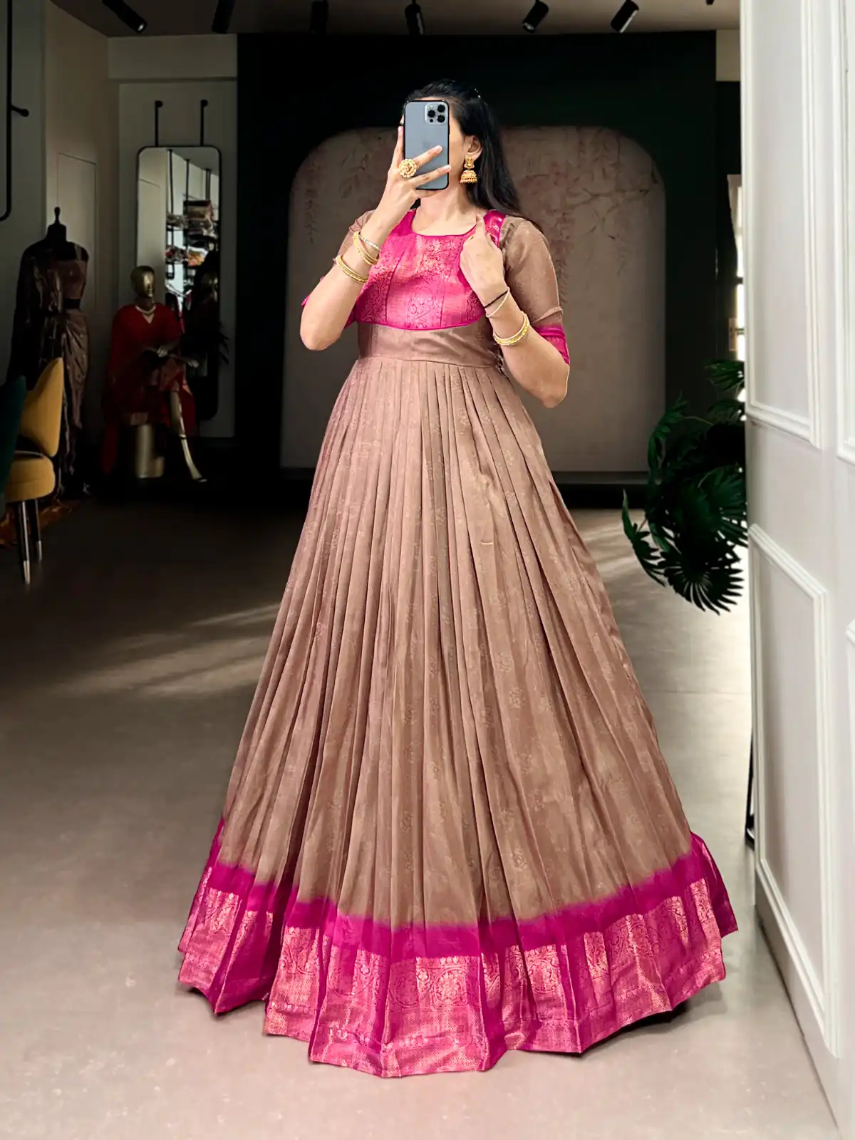 YNF 5012 Brown Mass Mello Gown with Zari Work. Available at ₹1799 only. Wedding, Party, Festive, Events Delivery 4-6 Working Days. Shop now. | Gowns, Bollywood Gowns, Creative Gowns, Designer Gowns, Embroidered Gowns, Party Wear Gowns