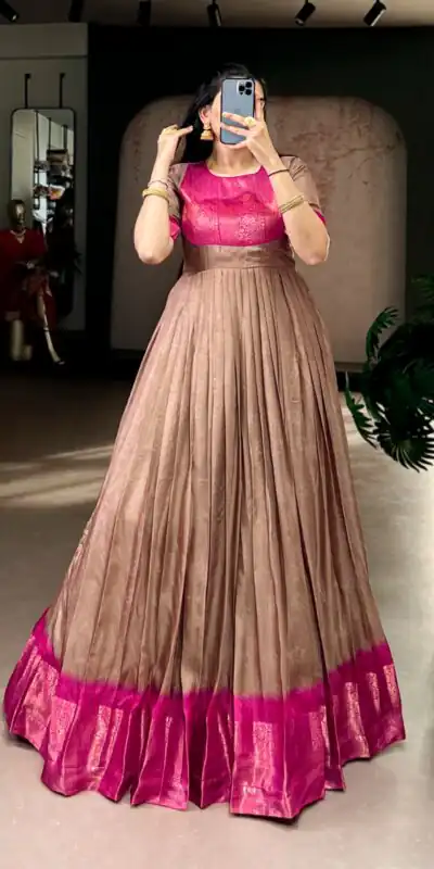 YNF 5012 Brown Mass Mello Gown with Zari Work. Available at ₹1799 only. Wedding, Party, Festive, Events Delivery 4-6 Working Days. Shop now. | Gowns, Bollywood Gowns, Creative Gowns, Designer Gowns, Embroidered Gowns, Party Wear Gowns