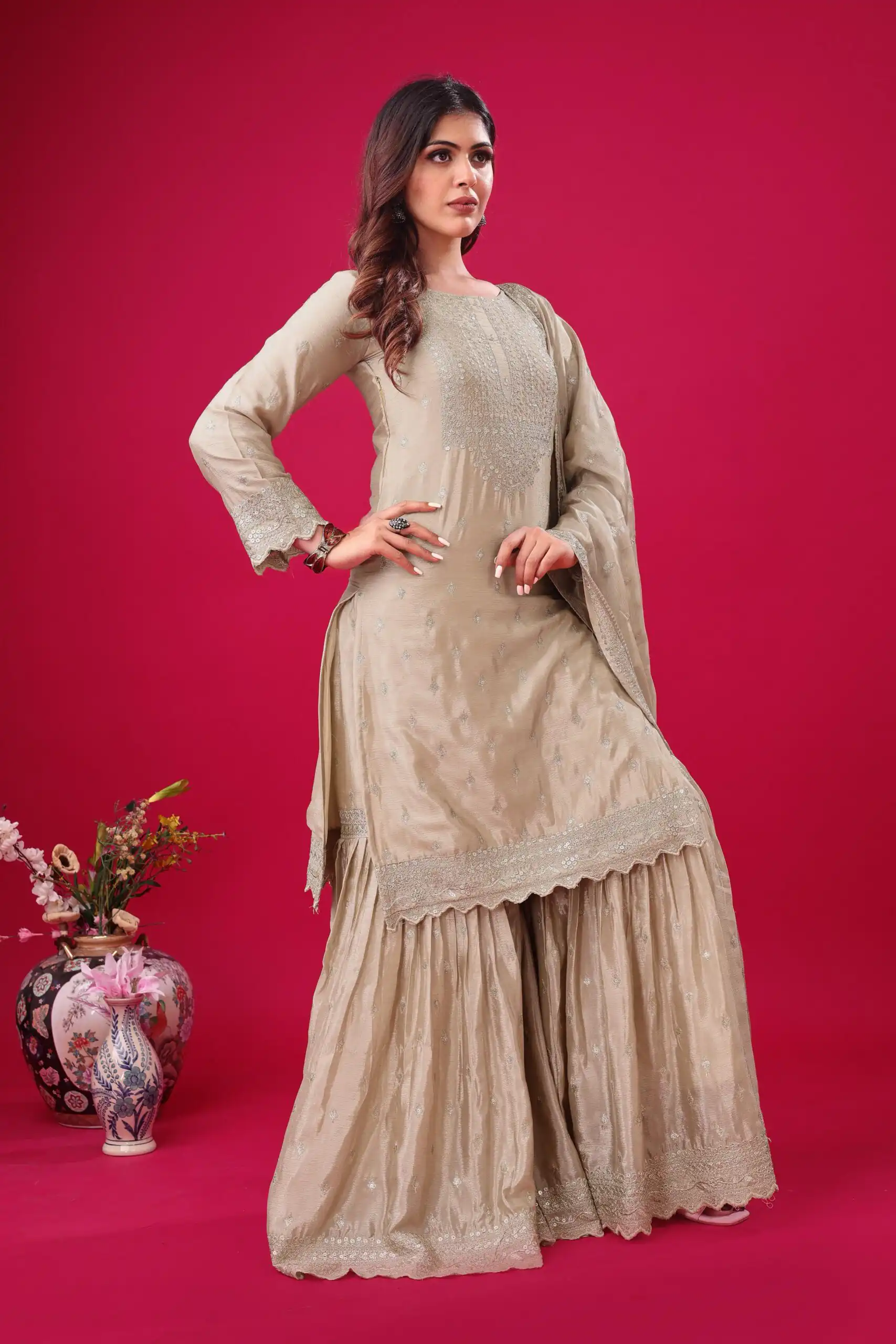ZF 5006 Cream Color Chinon Silk Sequence Work Salwar Suit Casual, Wedding, Festive, Events . Expected Delivery  4-6 Working Days @2149/- only      | Jump Suits, Salwar suit, Designer Suits, Casual Suits, Creative suits, Palazzo Suits, Party Wear Suits, Patiala Suits, Straight Suits