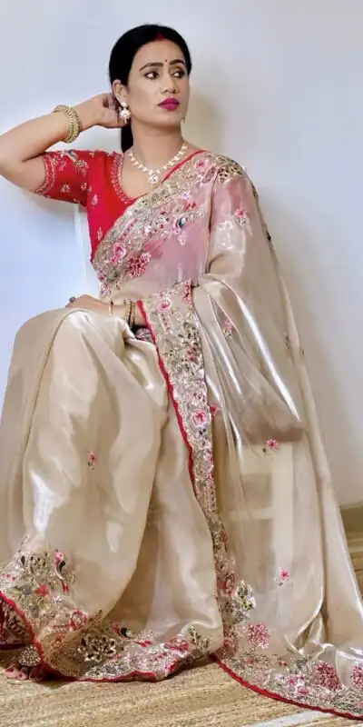 SC 1008 Cream Organza Silk Saree Perfect for Wedding, Party, Eid, Makar Sankranti, Anniversary –. Affordable Price ₹2399. Delivery 4-6 Working Days. | Sarees, Bollywood Sarees, Creative Sarees, Designer Sarees, Embroidered Sarees, Ethnic Saree, Modern Digital sarees, Party Wear Sarees