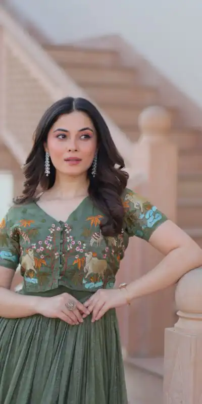 KA 1170 Dark Pista Color Silver Crunchy Gown with Embroidery Work. Introductory Price ₹1799. Delivery 4-6 Working Days. Shop now. | Gowns, Bollywood Gowns, Creative Gowns, Designer Gowns, Embroidered Gowns, Party Wear Gowns