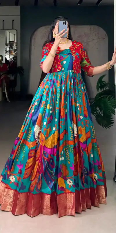 YNF 5035 Firozi in Taser Silk Zari Work & Kalamkari Print Gown . Available at ₹1799 only. Delivery 4-6 Working Days. Shop now. | Gowns, Bollywood Gowns, Creative Gowns, Designer Gowns, Embroidered Gowns, Party Wear Gowns
