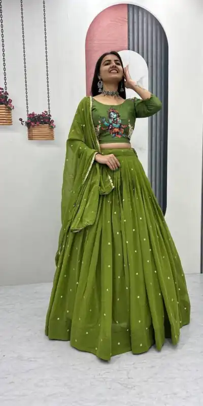 PC 541 Green Cotton Lehenga Choli with Kalamkari Print & Embroidery Work. Introductory Price ₹2099. Delivery 4-6 Working Days. Shop now. | Lehenga, Bollywood Lehenga, Creative Lehenga, Designer Lehenga, Embroidered Lehenga, Party Wear Lehenga