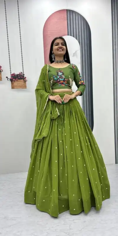 PC 541 Green Cotton Lehenga Choli with Kalamkari Print & Embroidery Work. Introductory Price ₹2099. Delivery 4-6 Working Days. Shop now. | Lehenga, Bollywood Lehenga, Creative Lehenga, Designer Lehenga, Embroidered Lehenga, Party Wear Lehenga