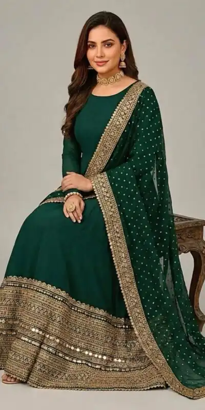 ZSR 3152 Green Color Roman silk Gown with Embroidery Work & Lace Work. Grab it for ₹2599. Delivery 4-6 Working Days. Shop now. | Gowns, Bollywood Gowns, Creative Gowns, Designer Gowns, Embroidered Gowns, Party Wear Gowns