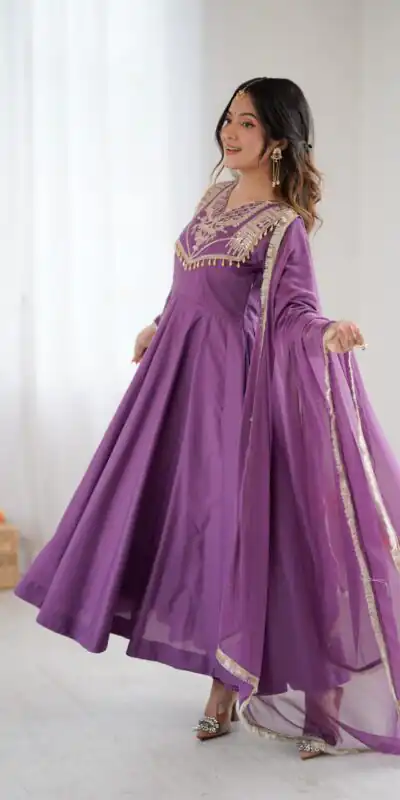 ZSR 3149 Lavender Roman silk Gown Perfect for Wedding, Party, Sangeet, Haldi, Lohri – . Introductory Price ₹2099. Delivery 4-6 Working Days. Shop now. | Gowns, Bollywood Gowns, Creative Gowns, Designer Gowns, Embroidered Gowns, Party Wear Gowns
