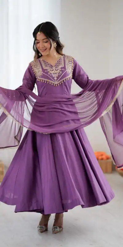ZSR 3149 Lavender Roman silk Gown Perfect for Wedding, Party, Sangeet, Haldi, Lohri – . Introductory Price ₹2099. Delivery 4-6 Working Days. Shop now. | Gowns, Bollywood Gowns, Creative Gowns, Designer Gowns, Embroidered Gowns, Party Wear Gowns