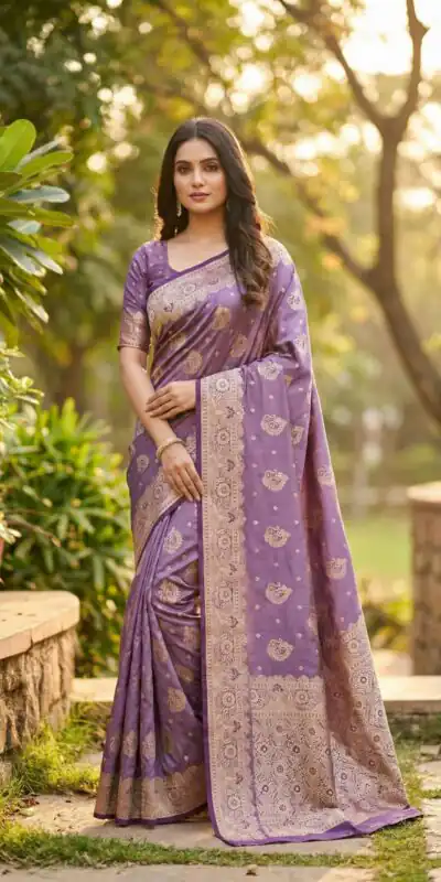 Lavender Satin Silk Lace Zari Work Saree
