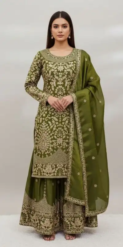 SR 1697 Mahendi Color Organza Silk Salwar Suit with Embroidery Work. Festive Deal ₹2549. Delivery 4-6 Working Days. Shop now. | Jump Suits, Tops & Bottoms, Track Suits, Trendy Wear, Salwar suit, Designer Suits, Casual Suits, Creative suits, Palazzo Suits, Party Wear Suits, Patiala Suits, Straight Suits