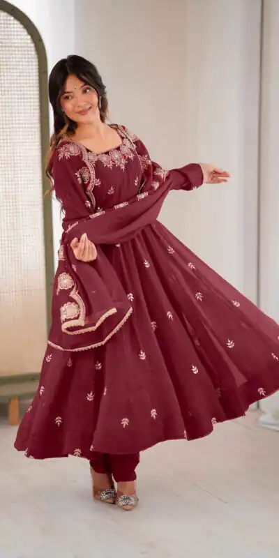 ZF 5011 Maroon Crunchy Silk Gown with Embroidery Work. Wedding, Party, Festive, Events Best Price ₹2099. Delivery 4-6 Working Days. Shop now. | Gowns, Bollywood Gowns, Creative Gowns, Designer Gowns, Embroidered Gowns, Party Wear Gowns