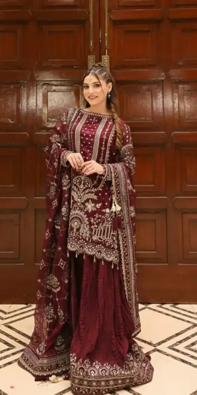 AD 213 Maroon Khajuri Crush Georgette Salwar Suit with Lace Work & Embroidery Work. Festive Deal ₹2649. Delivery 4-6 Working Days. Shop now. | Jump Suits, Tops & Bottoms, Track Suits, Trendy Wear, Salwar suit, Designer Suits, Casual Suits, Creative suits, Palazzo Suits, Party Wear Suits, Patiala Suits, Straight Suits