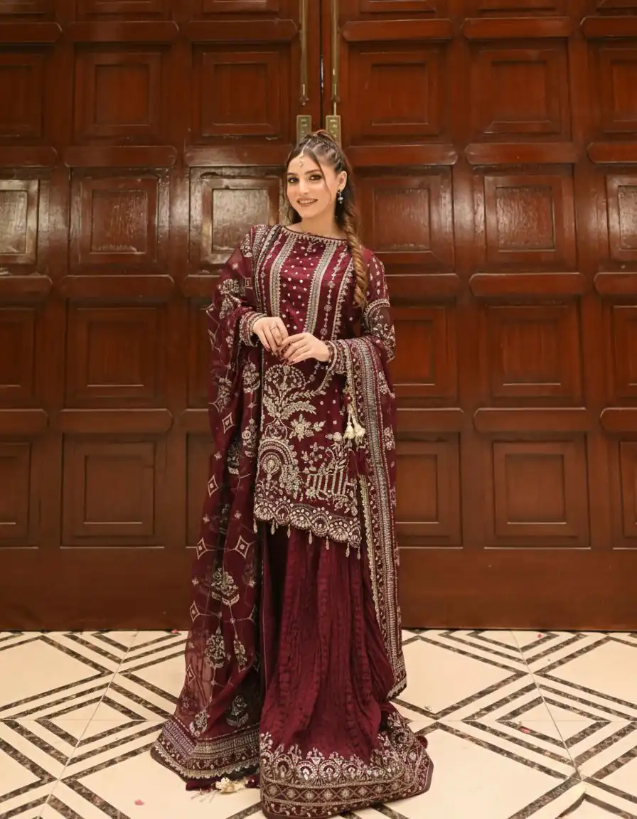 AD 213 Maroon Khajuri Crush Georgette Salwar Suit with Lace Work & Embroidery Work. Festive Deal ₹2649. Delivery 4-6 Working Days. Shop now. | Jump Suits, Tops & Bottoms, Track Suits, Trendy Wear, Salwar suit, Designer Suits, Casual Suits, Creative suits, Palazzo Suits, Party Wear Suits, Patiala Suits, Straight Suits
