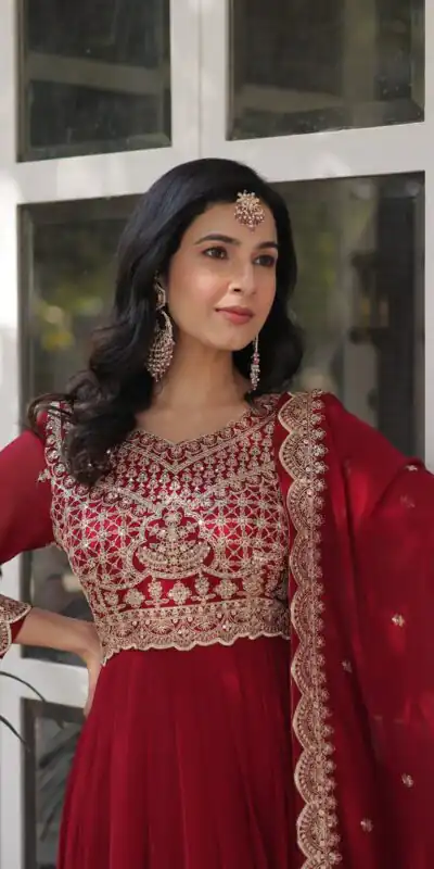 KA 1137 Maroon Faux Blooming Gown with Embroidery Work & Zari Work. Best Price ₹2599. Delivery 4-6 Working Days. Shop now. | Gowns, Bollywood Gowns, Creative Gowns, Designer Gowns, Embroidered Gowns, Party Wear Gowns