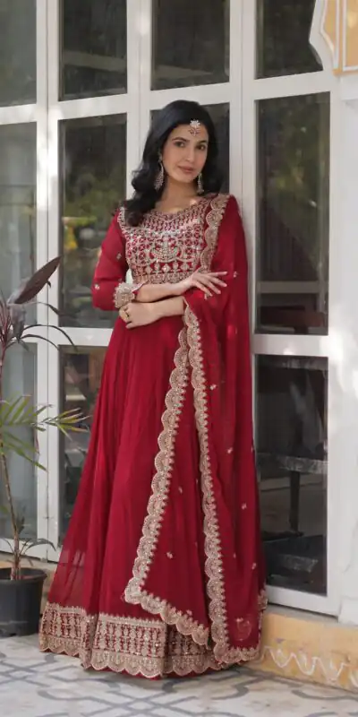 KA 1137 Maroon Faux Blooming Gown with Embroidery Work & Zari Work. Best Price ₹2599. Delivery 4-6 Working Days. Shop now. | Gowns, Bollywood Gowns, Creative Gowns, Designer Gowns, Embroidered Gowns, Party Wear Gowns