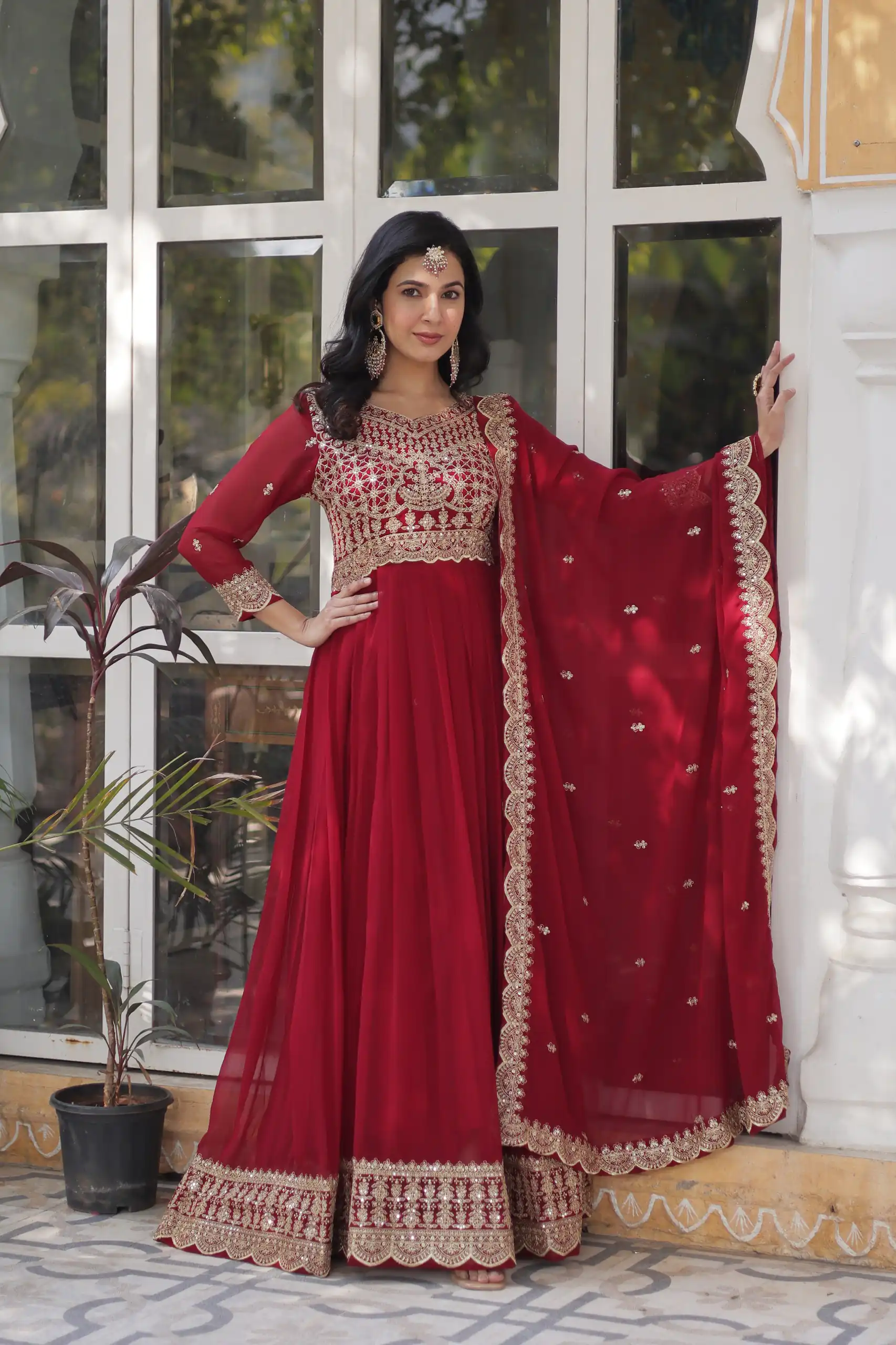 KA 1137 Maroon Faux Blooming Gown with Embroidery Work & Zari Work. Best Price ₹2599. Delivery 4-6 Working Days. Shop now. | Gowns, Bollywood Gowns, Creative Gowns, Designer Gowns, Embroidered Gowns, Party Wear Gowns